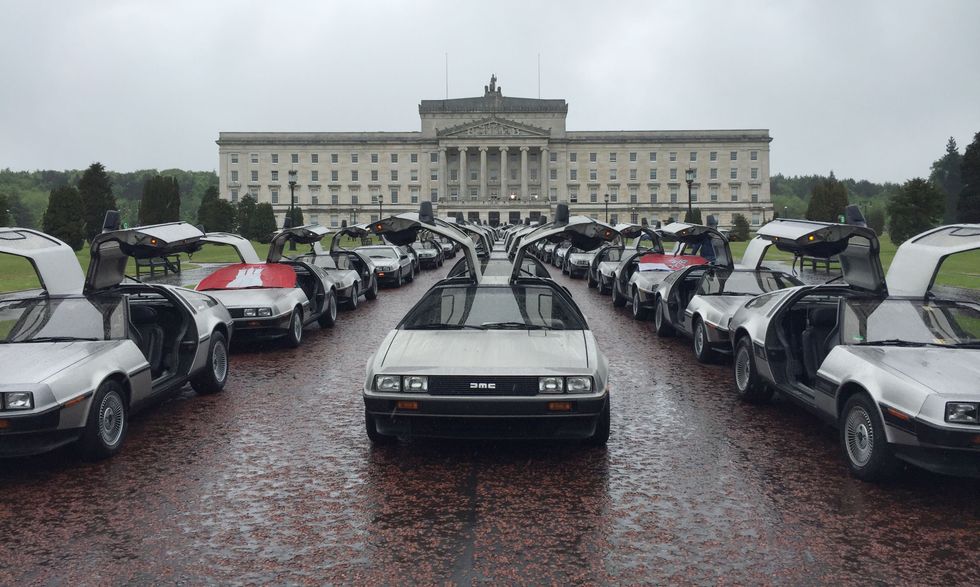70 DeLoreans parked outside Stormont during DeLorean Eurofest\u200b