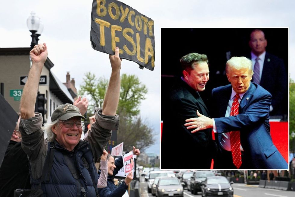 A 'Boycott Tesla' protest sign and Elon Musk hugging President Donald Trump