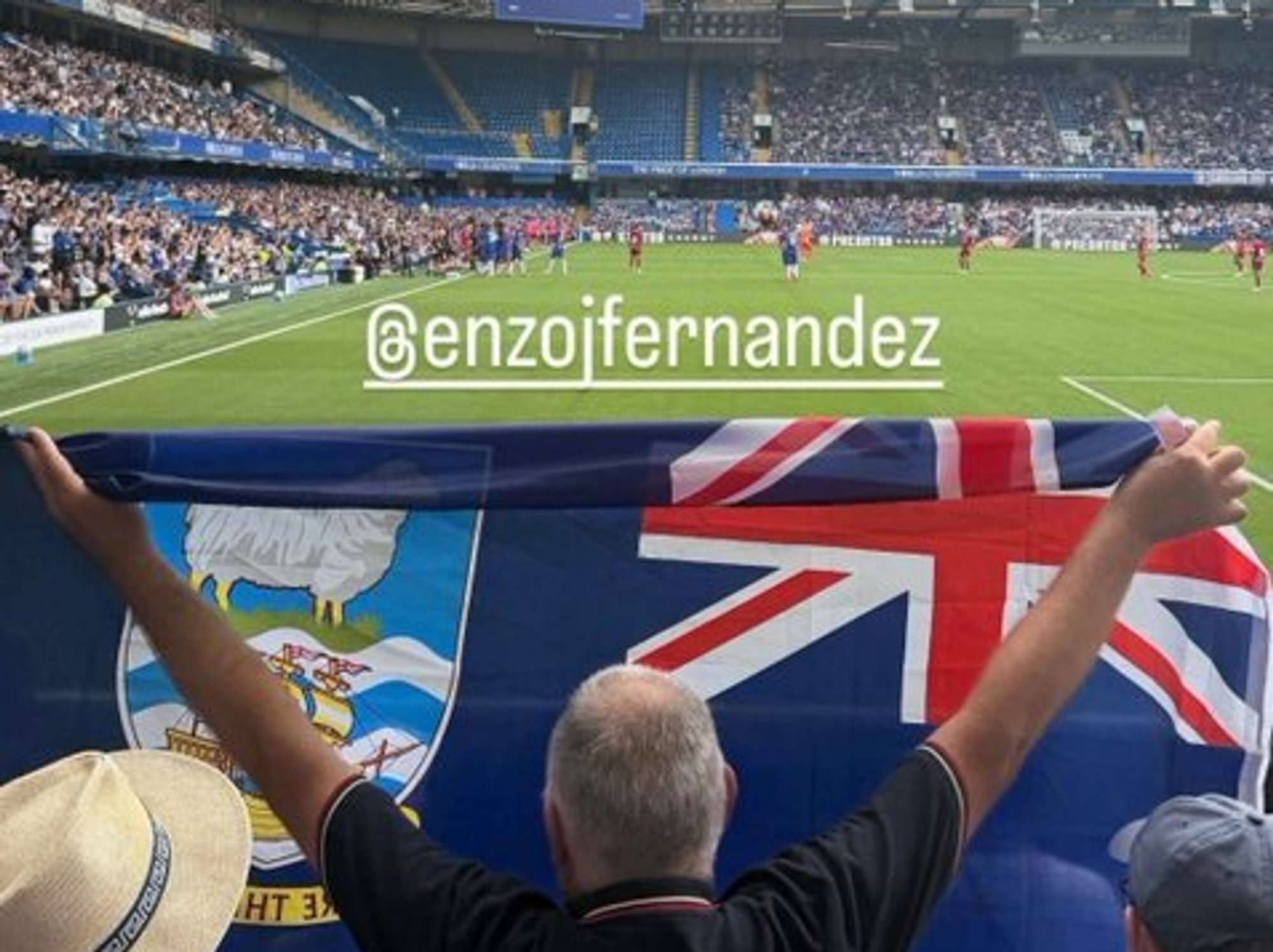 A Chelsea fan held up a Falklands flag as Argentina's Enzo Fernandez came on