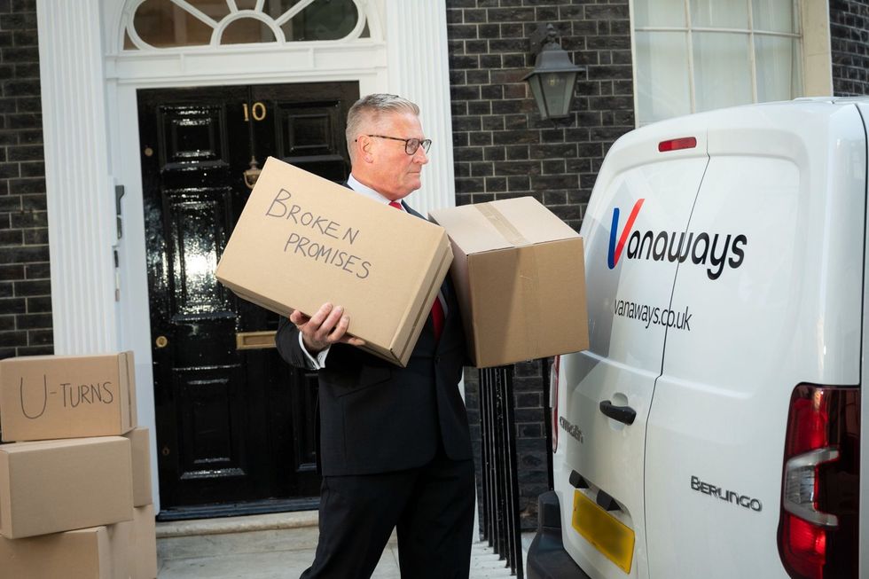 A lookalike Keir Starmer outside a fake No 10 with moving boxes
