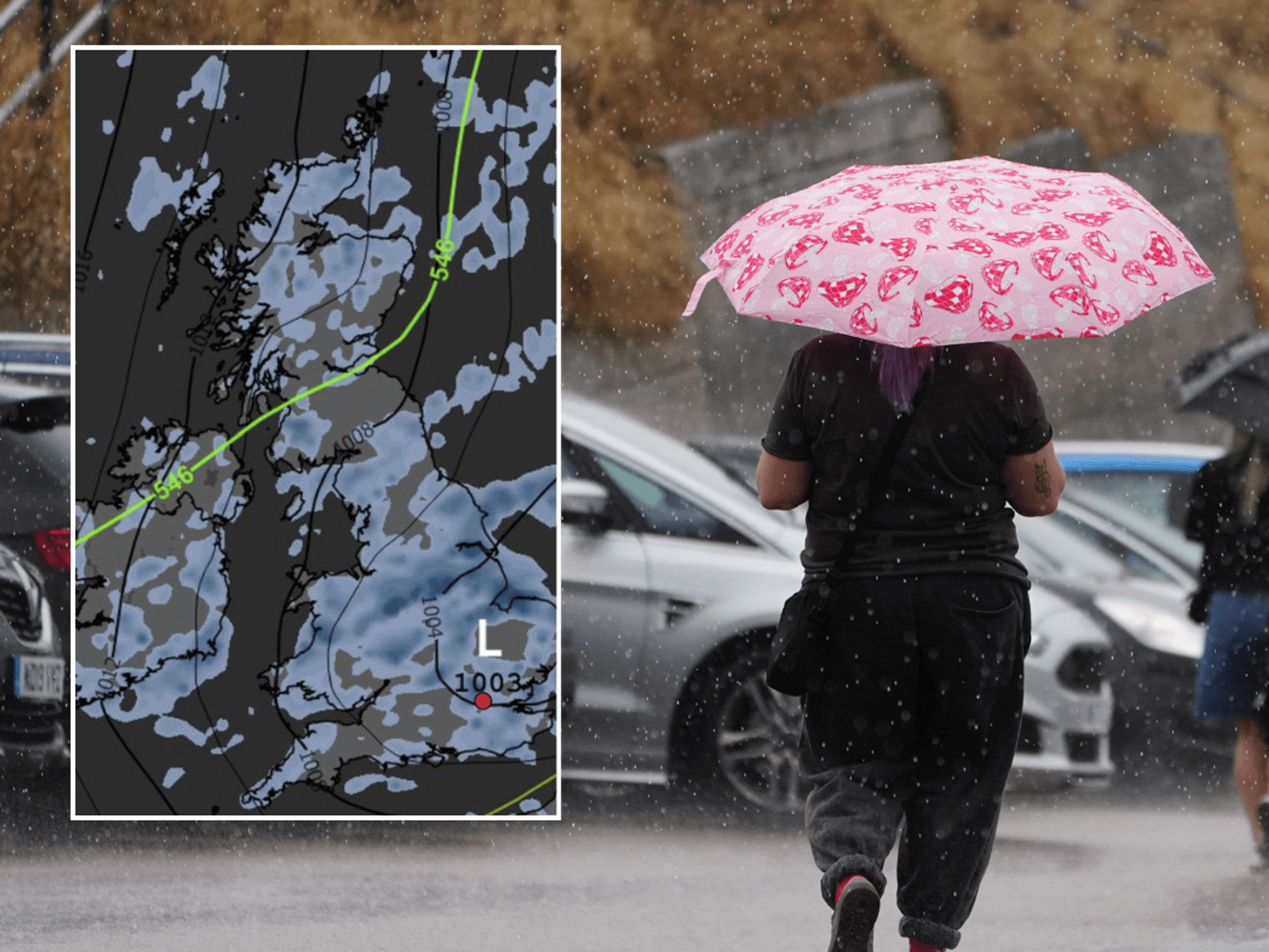 A man with umbrella, forecast map, reservoir