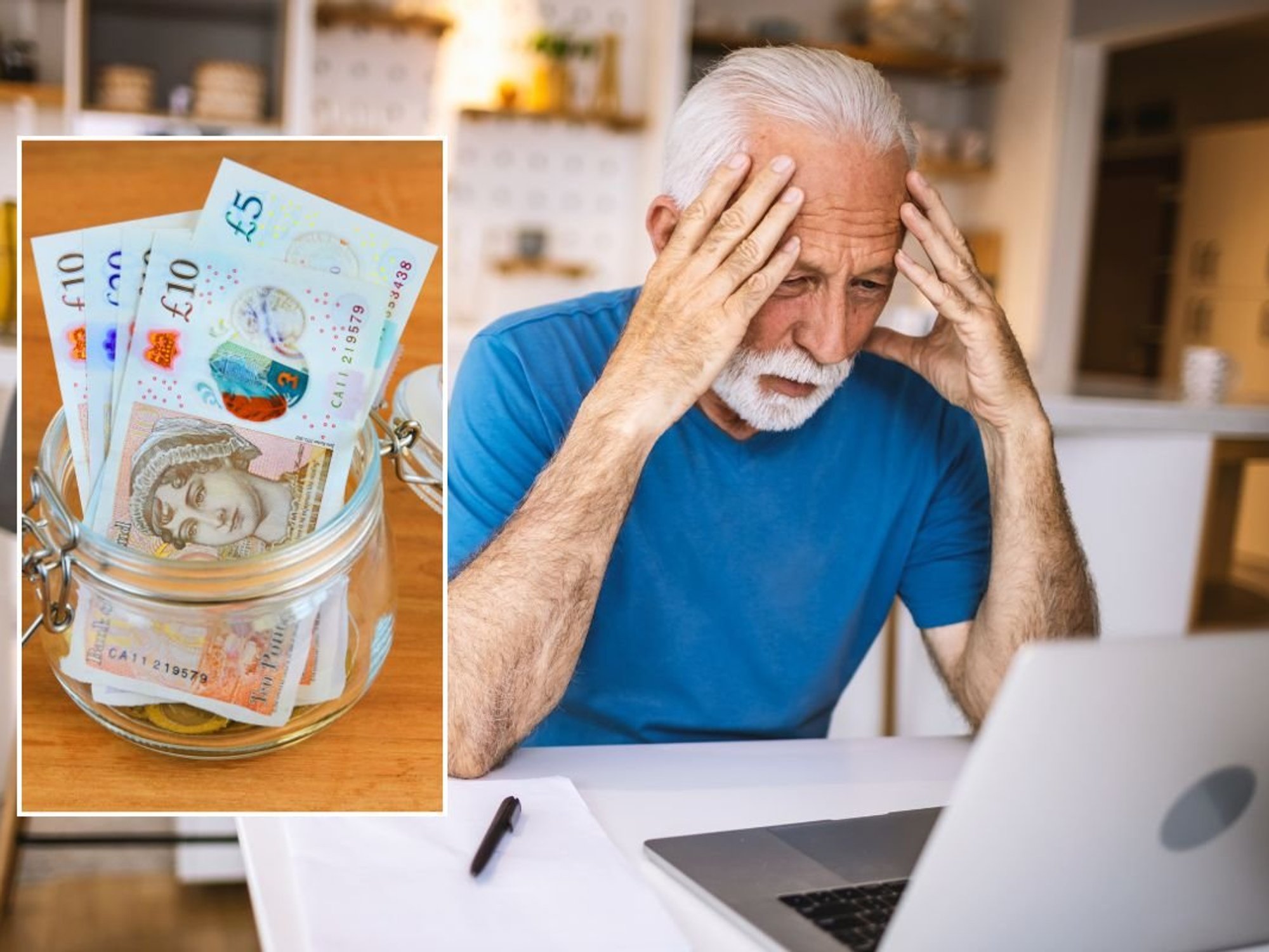A pot of money and a man on a elderly man looking at a laptop