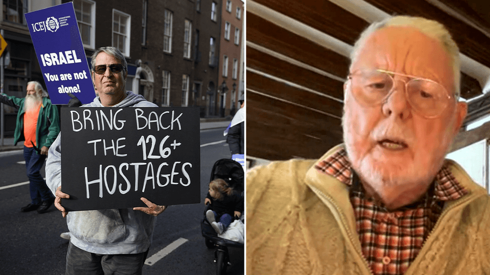 A protester calling for the return of Israeli hostages and Sir Terry Waite