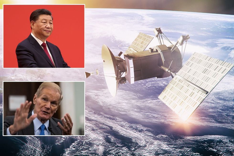 A satellite with insets of Xi Jinping and Bill Nelson