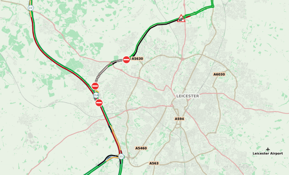 A serious collision and vehicle fire has caused traffic chaos around Leicester