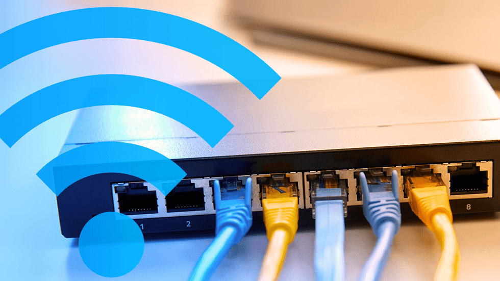 a wifi router with blue and yellow coloured ethernet cables plugged into it