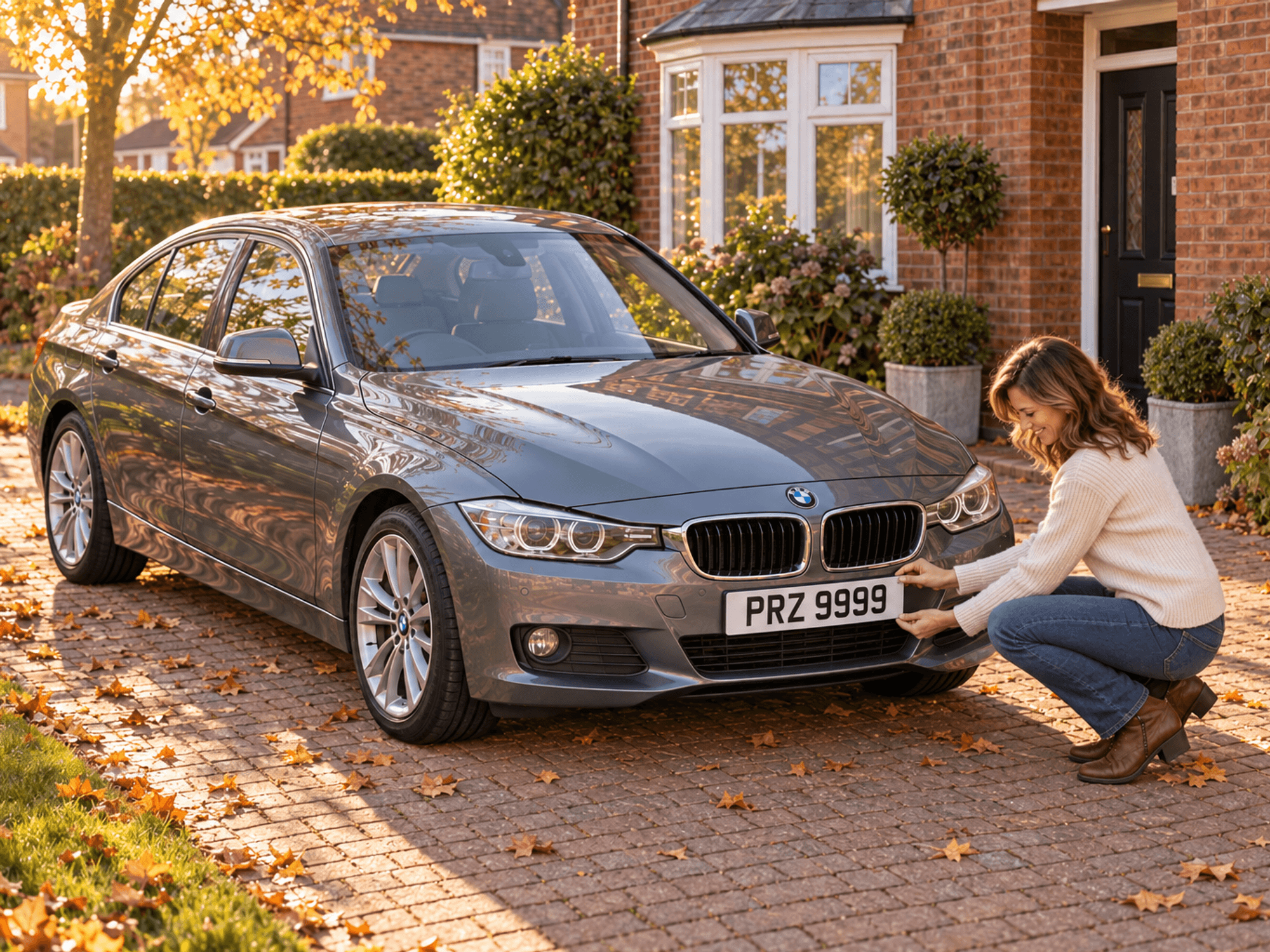A woman adjusts a number plate on a used BMW