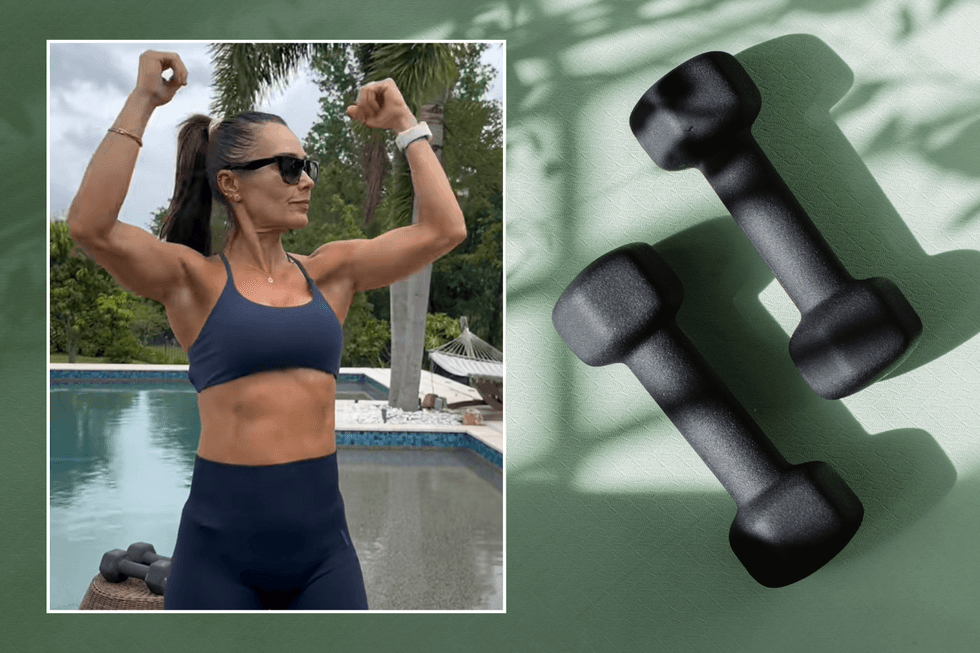 Addy showing off her arms; black dumbbells on a green yoga mat