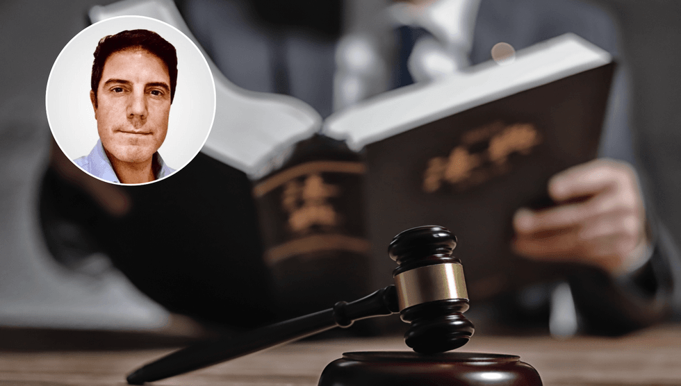 Alex Story (left), judge looking at text book (right)