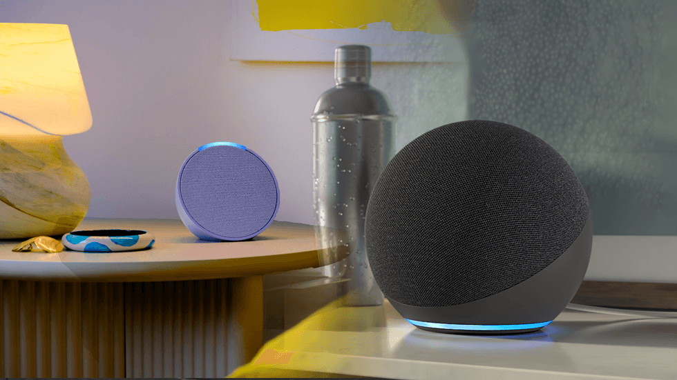 an echo pop and amazon echo pictured on sideboard