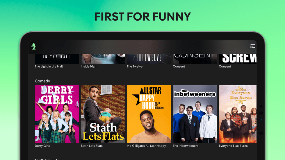 an example of the comedy shows on Channel 4 streaming app, pictured on an unbranded tablet