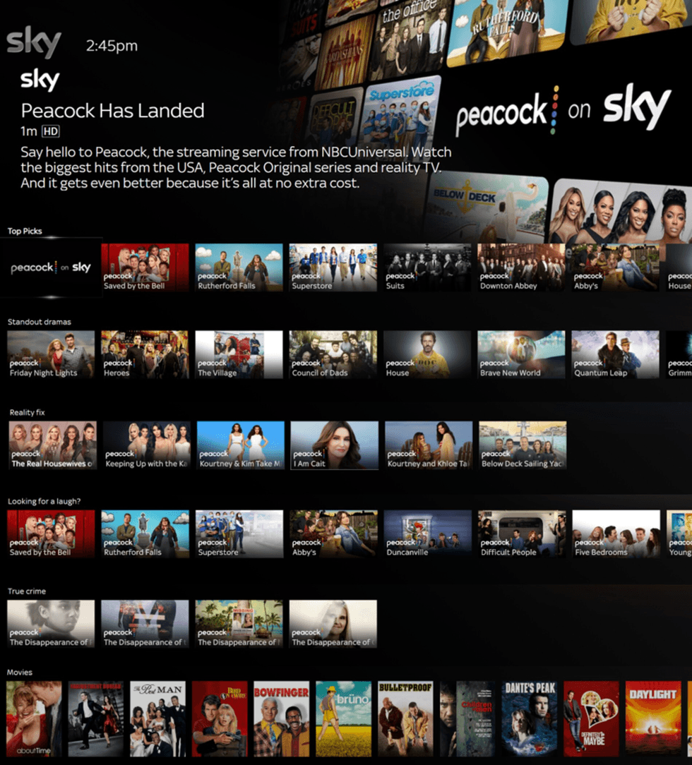 an example of the peacock interface on sky tv with examples of shows and films from the US streamer included in the main catalogue