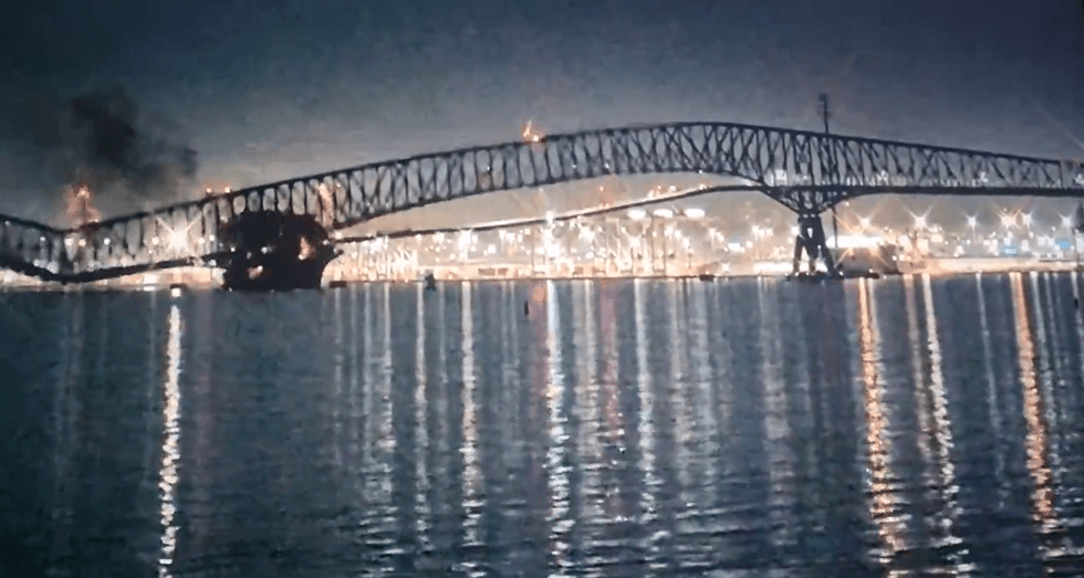 An image of the ship colliding with the structure (left)