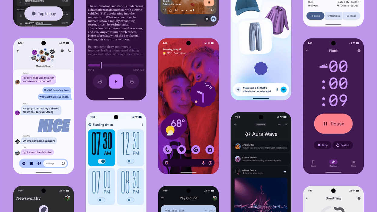 android 16 screens shown on a purple background on pixel smartphones