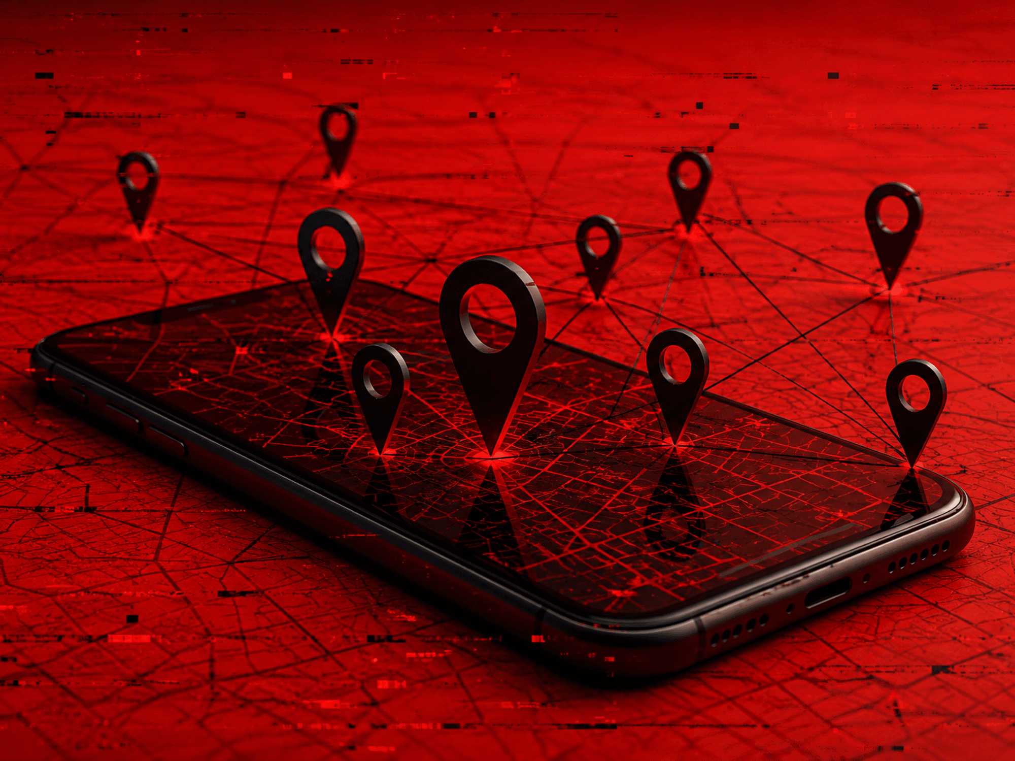 Android device with location symbols in front of red glitchy background