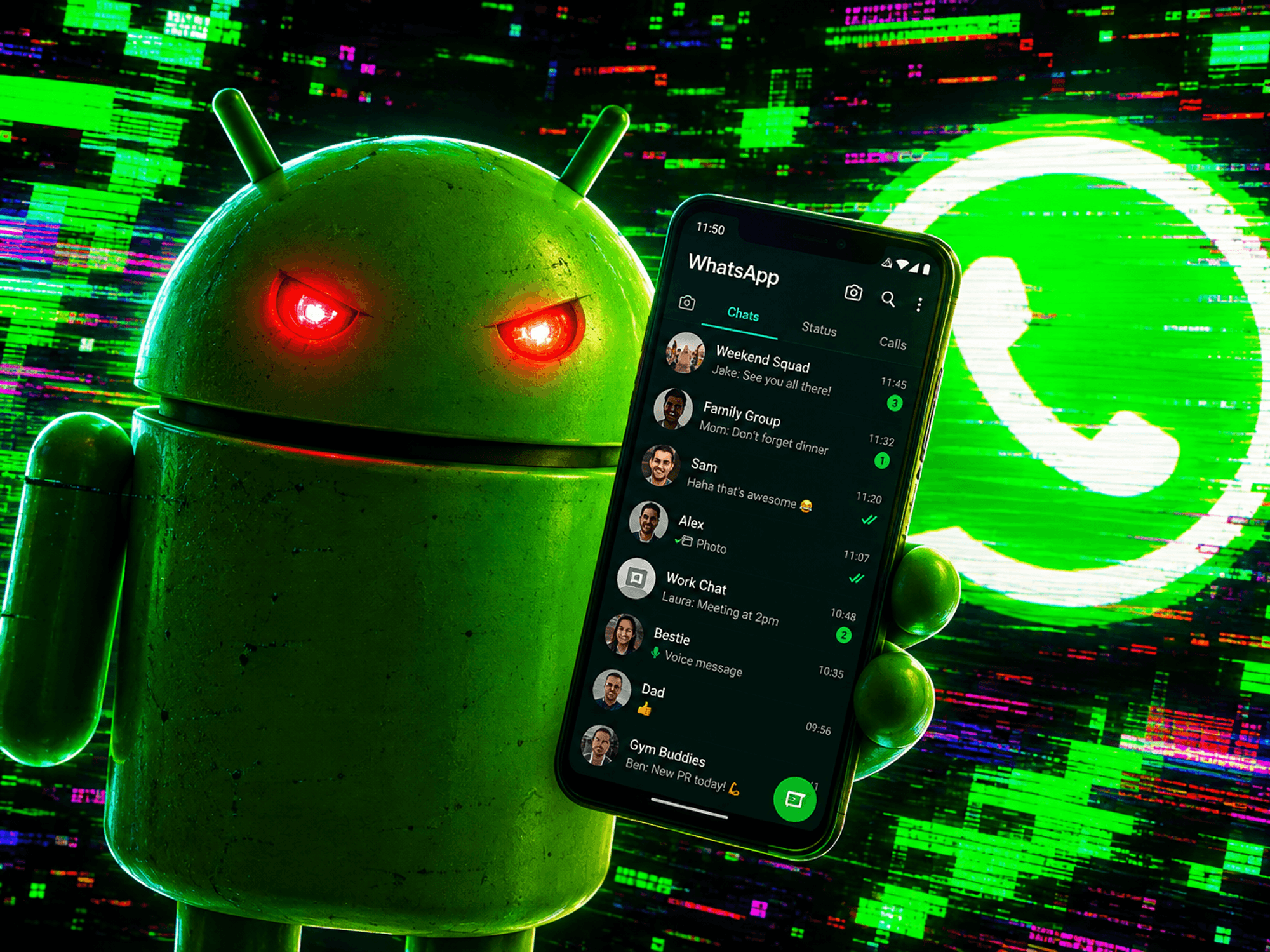 Android mascot holding mobile with WhatsApp on it