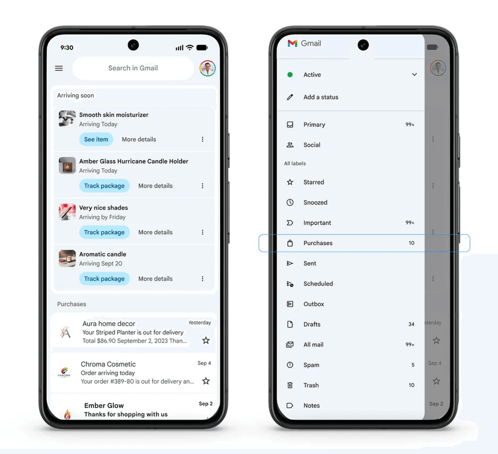 Android phone pictured side by side with the Purchases tab showing
