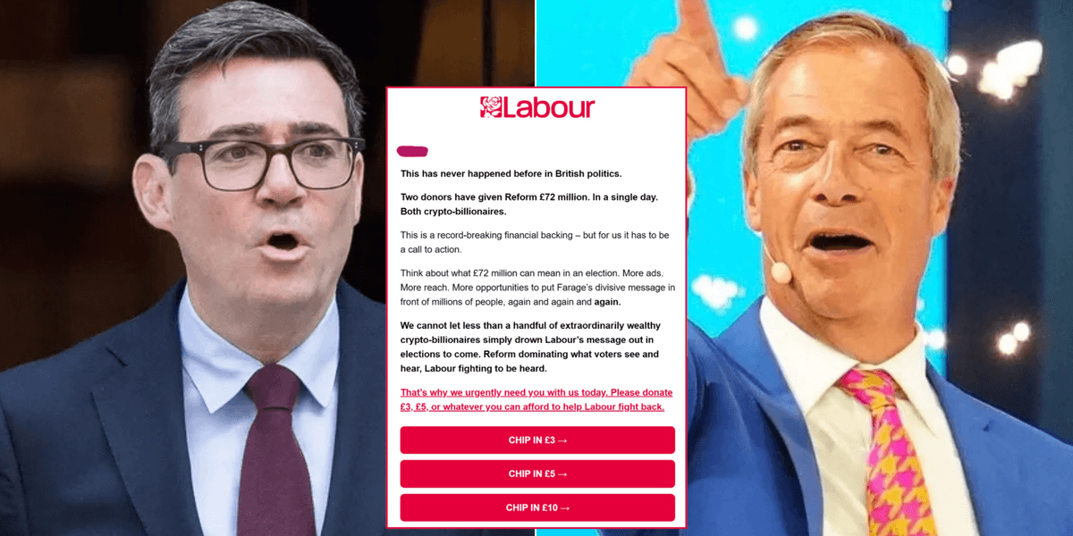 Labour sends 'urgent request' to members after Reform UK receives £72million in donation in 24 hours