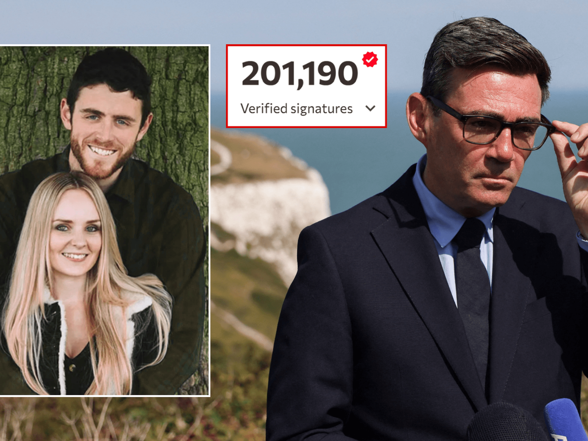 Andy Burnham with an inset image of the petition count and another inset of Andrew and Lissie Harper
