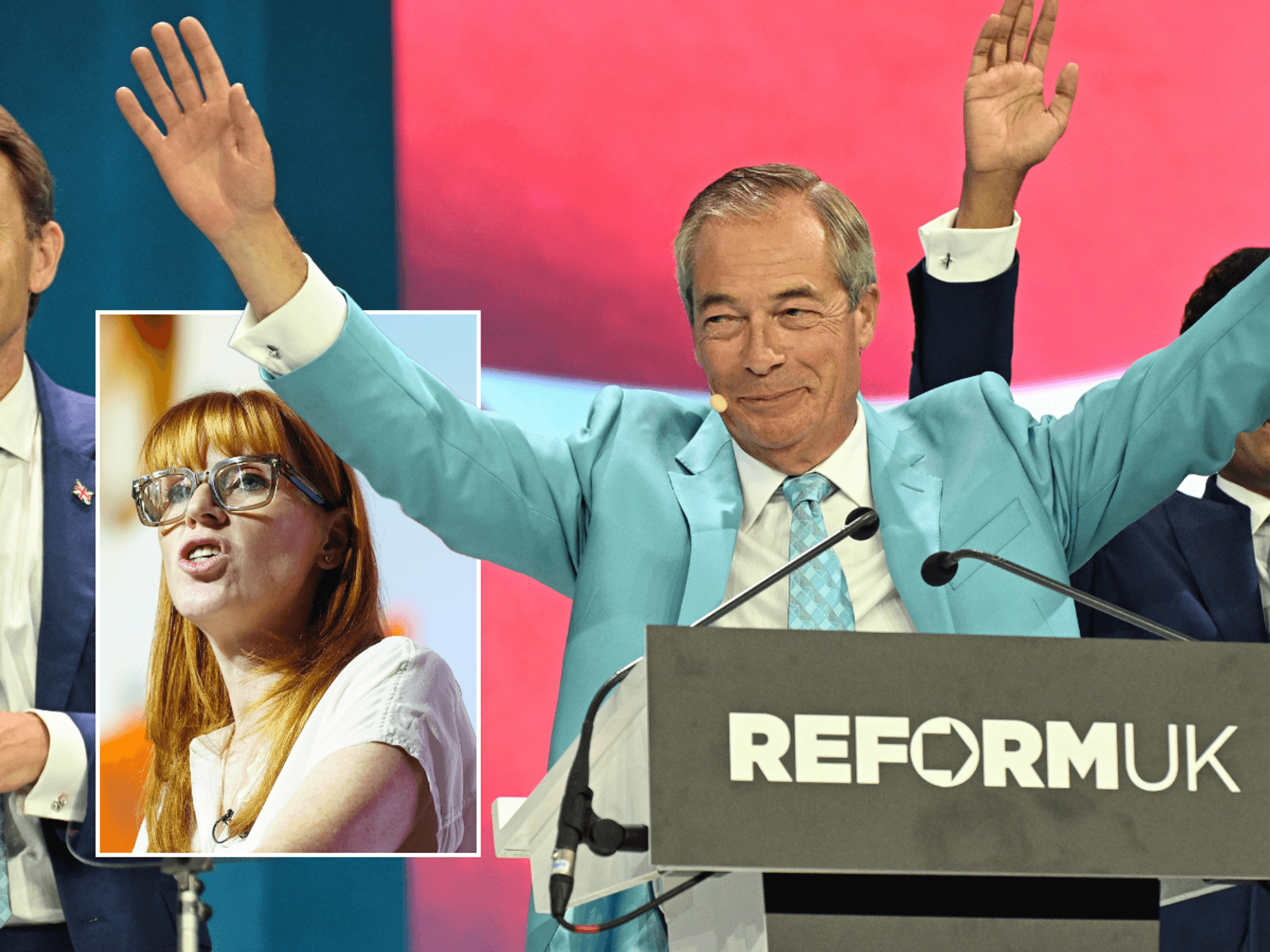 Angela Rayner; Nigel Farage speaking with arms out at the Reform UK Conference; Louise Haigh