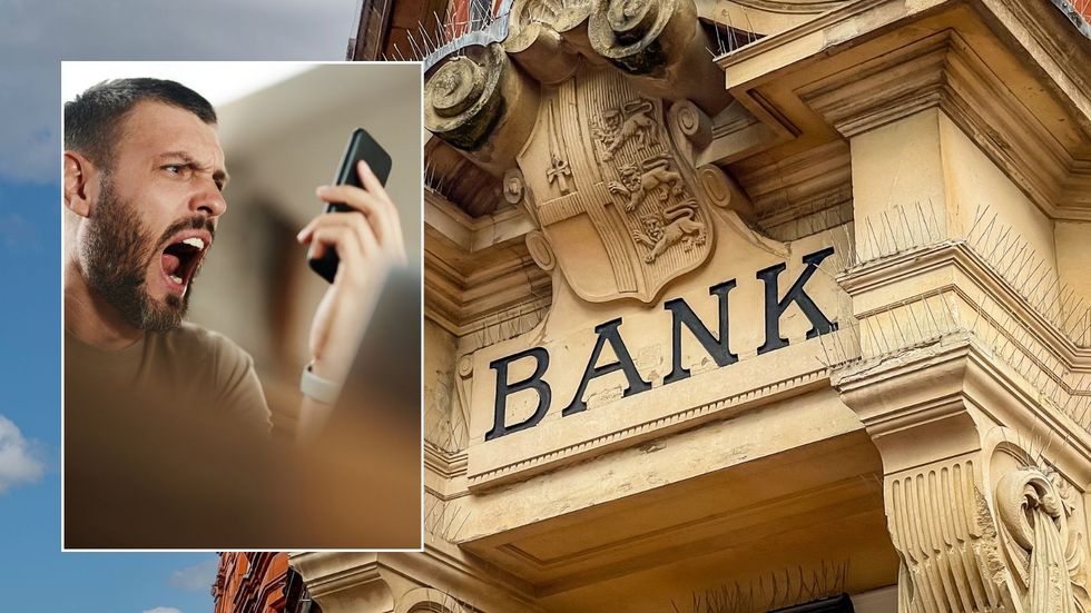 Angry man and bank