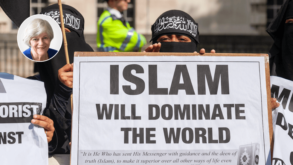 Ann Widdecombe (left), Islam protest in London (right)