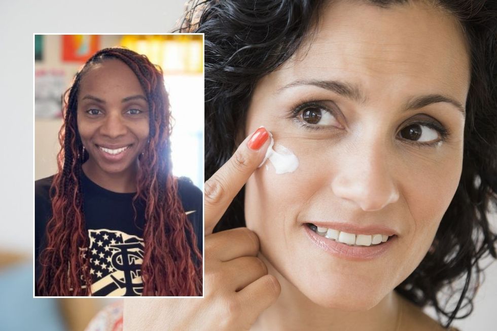 Annette Harris / Woman applying skin care