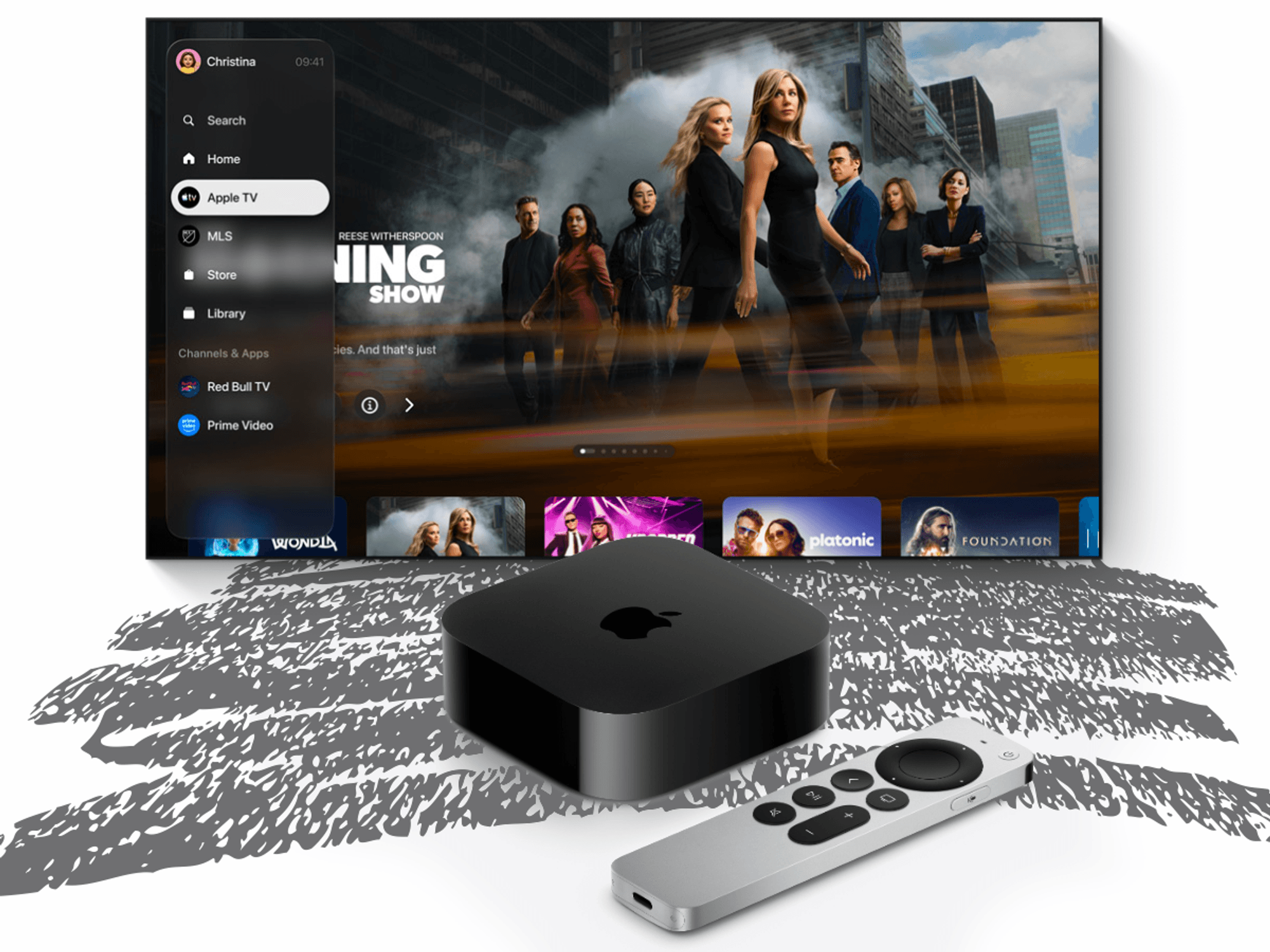 Apple TV 4K box with the remote and a screenshot of the TV software in the background