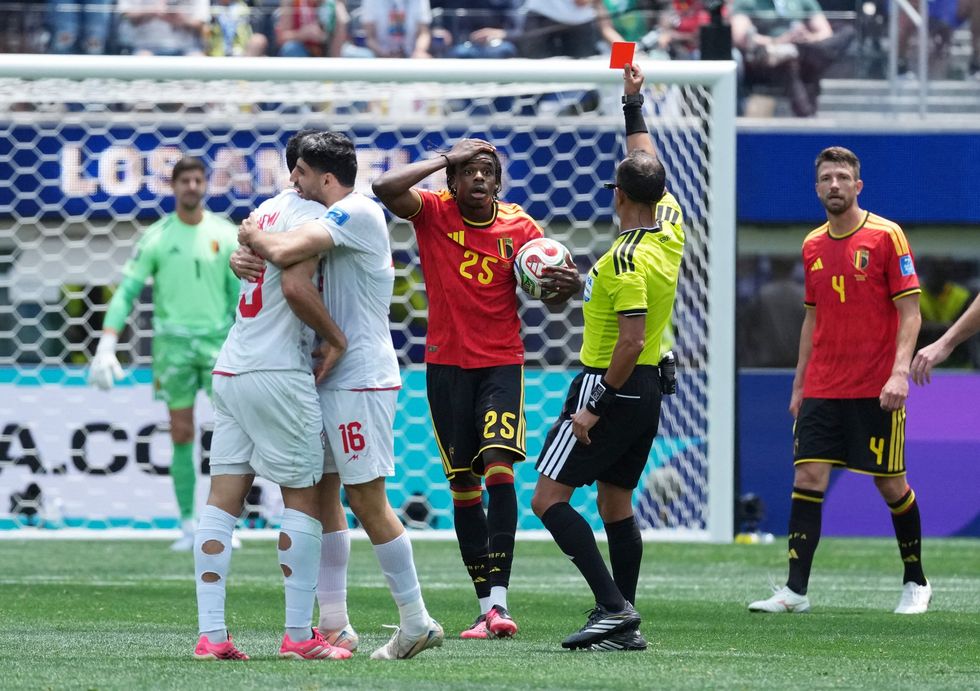 Belgium defender Nathan Ngoy was sent off after a last-man challenge