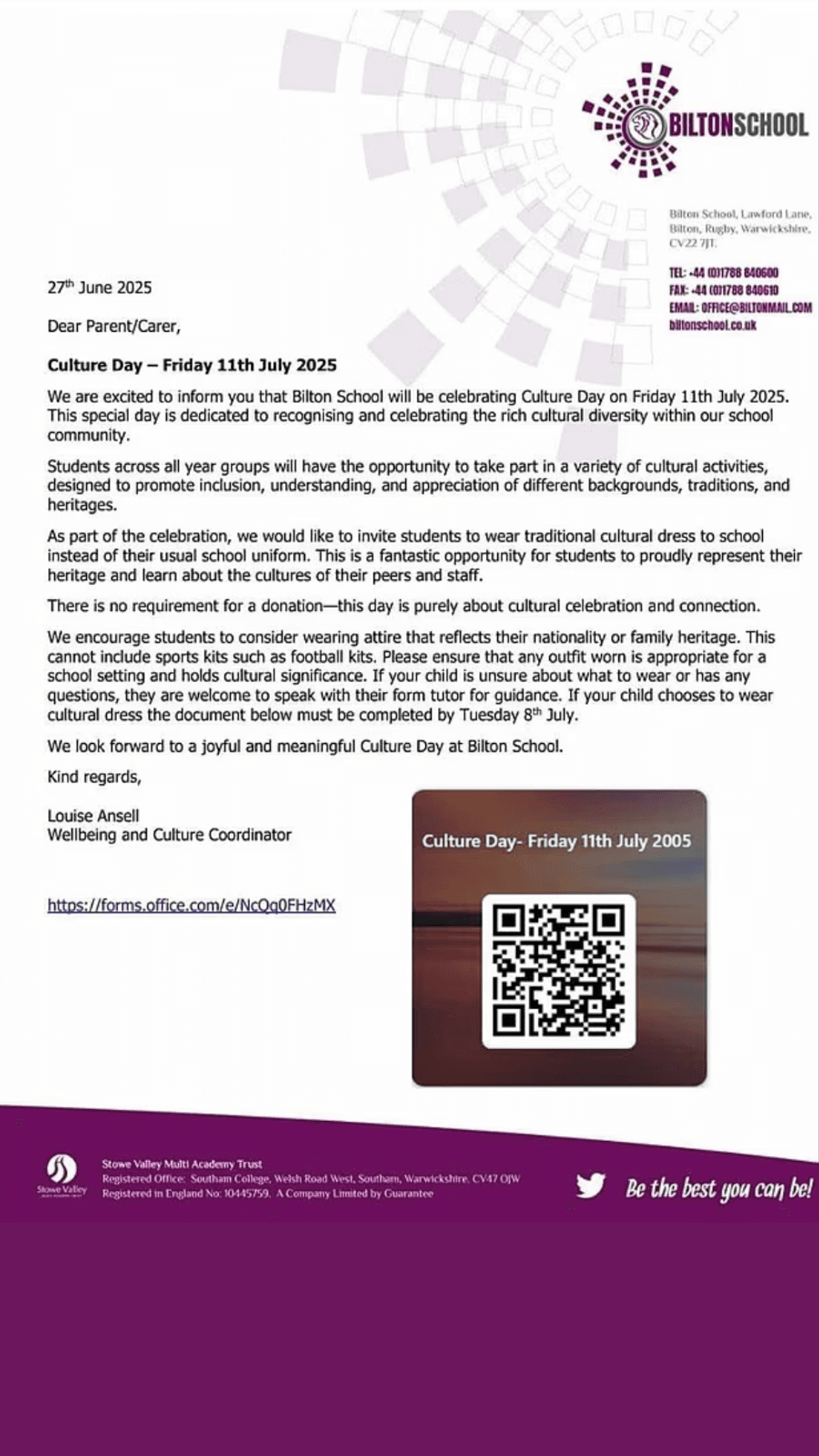 Bilton School's letter to parents