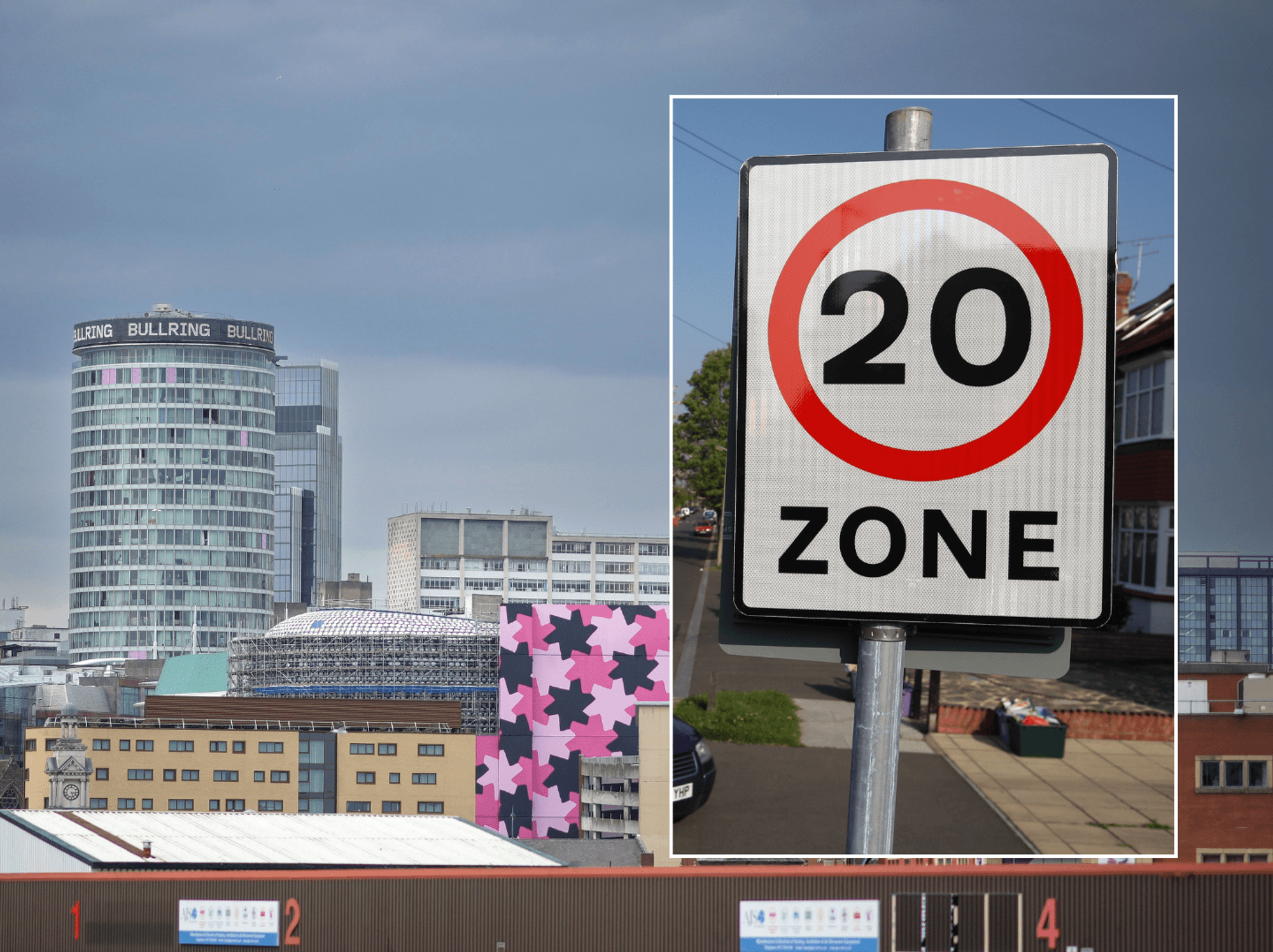Birmingham city skyline with inset of 20mph speed sign