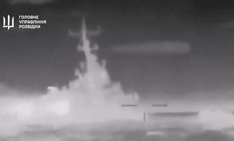 Black and white footage of a ship