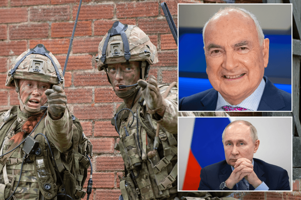 British Army soldiers with insets of Vladimir Putin and Anthony Glees