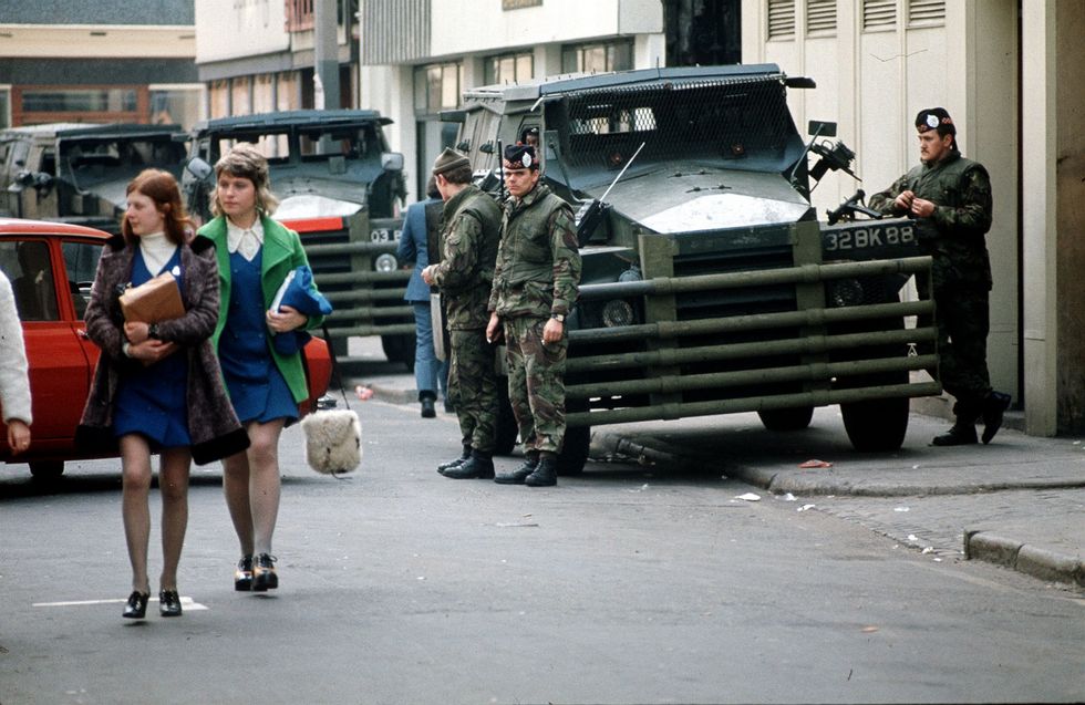 British troops on routine patrol with armoured cars in Belfast, 1973
