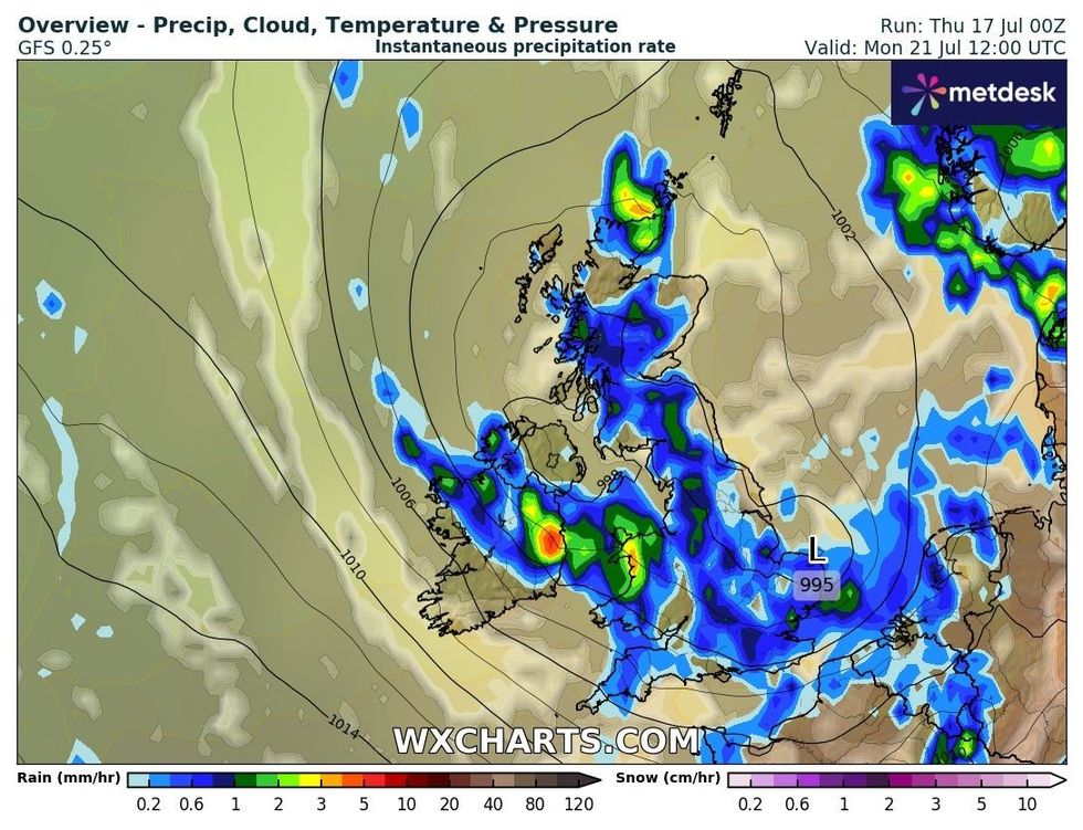 Britons should expect downpours on Monday
