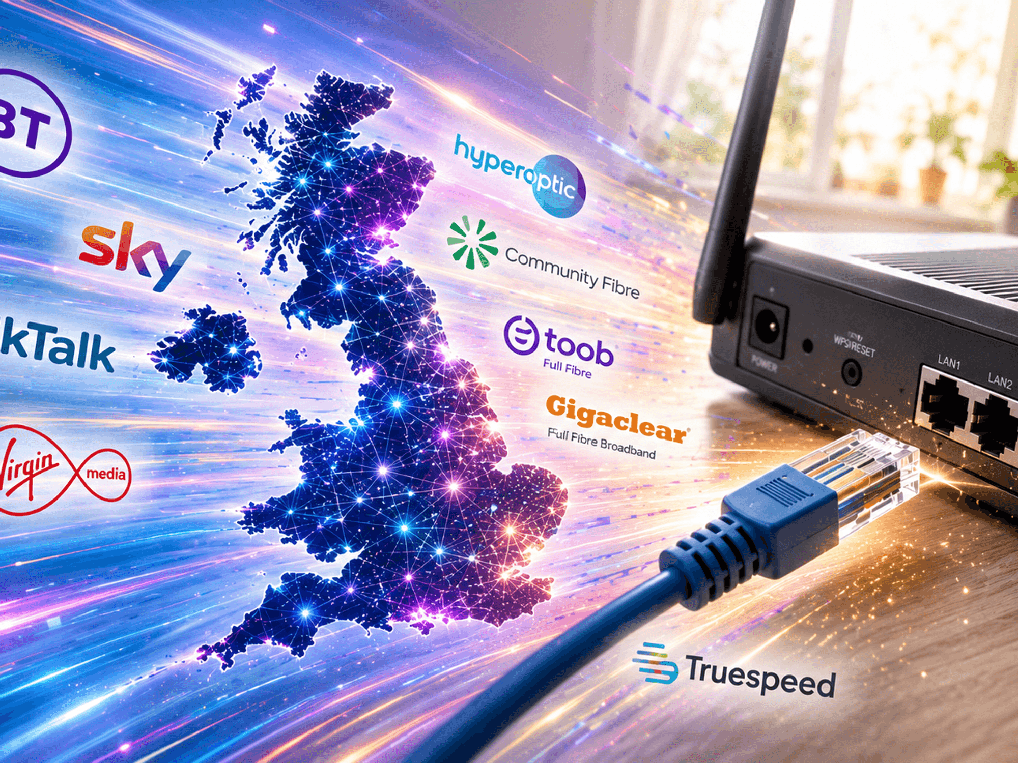 Broadband logos flying from left to right with a Wi-Fi router and ethernet cable pictured on the right of the image