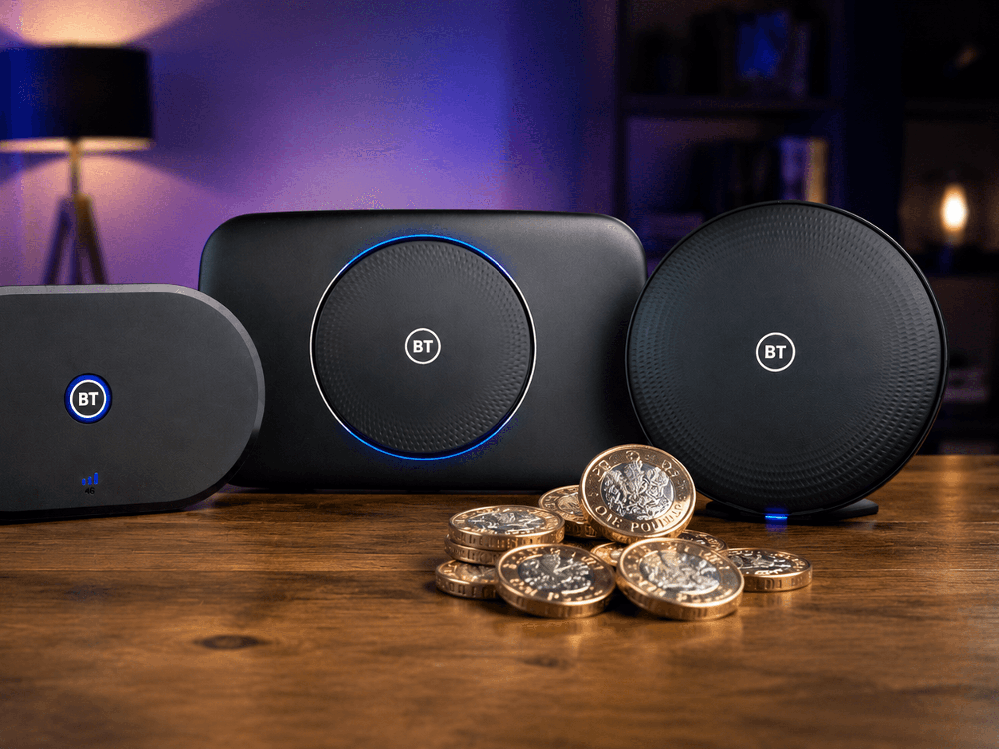 BT Wi-Fi Router and pile of coins