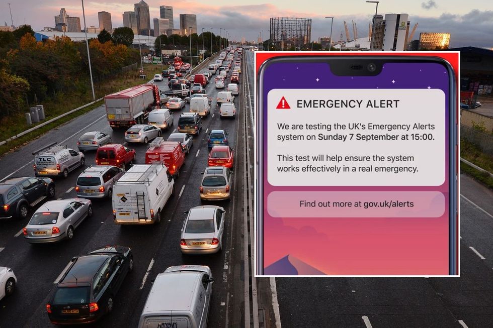 Busy motorway and an Emergency Alert test warning