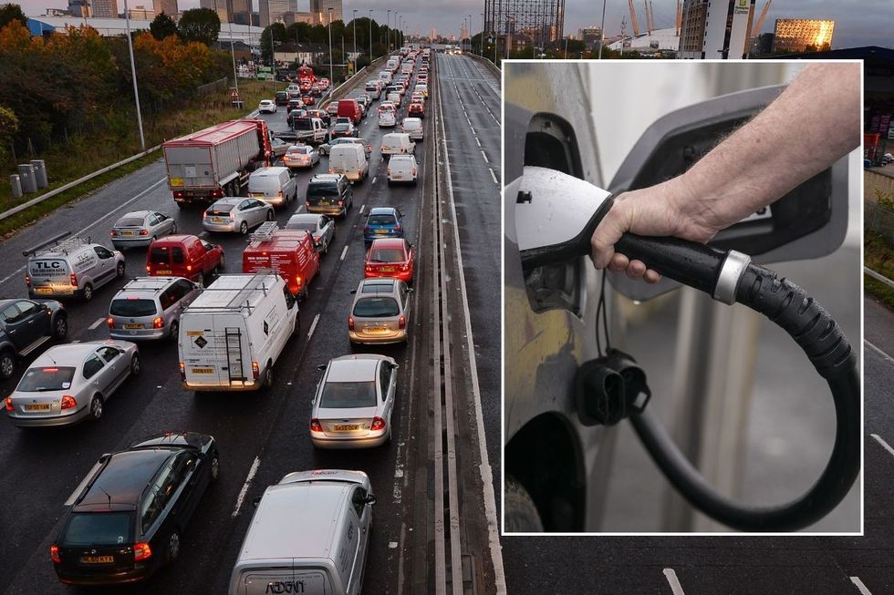 Busy traffic on UK road and an electric vehicle charger
