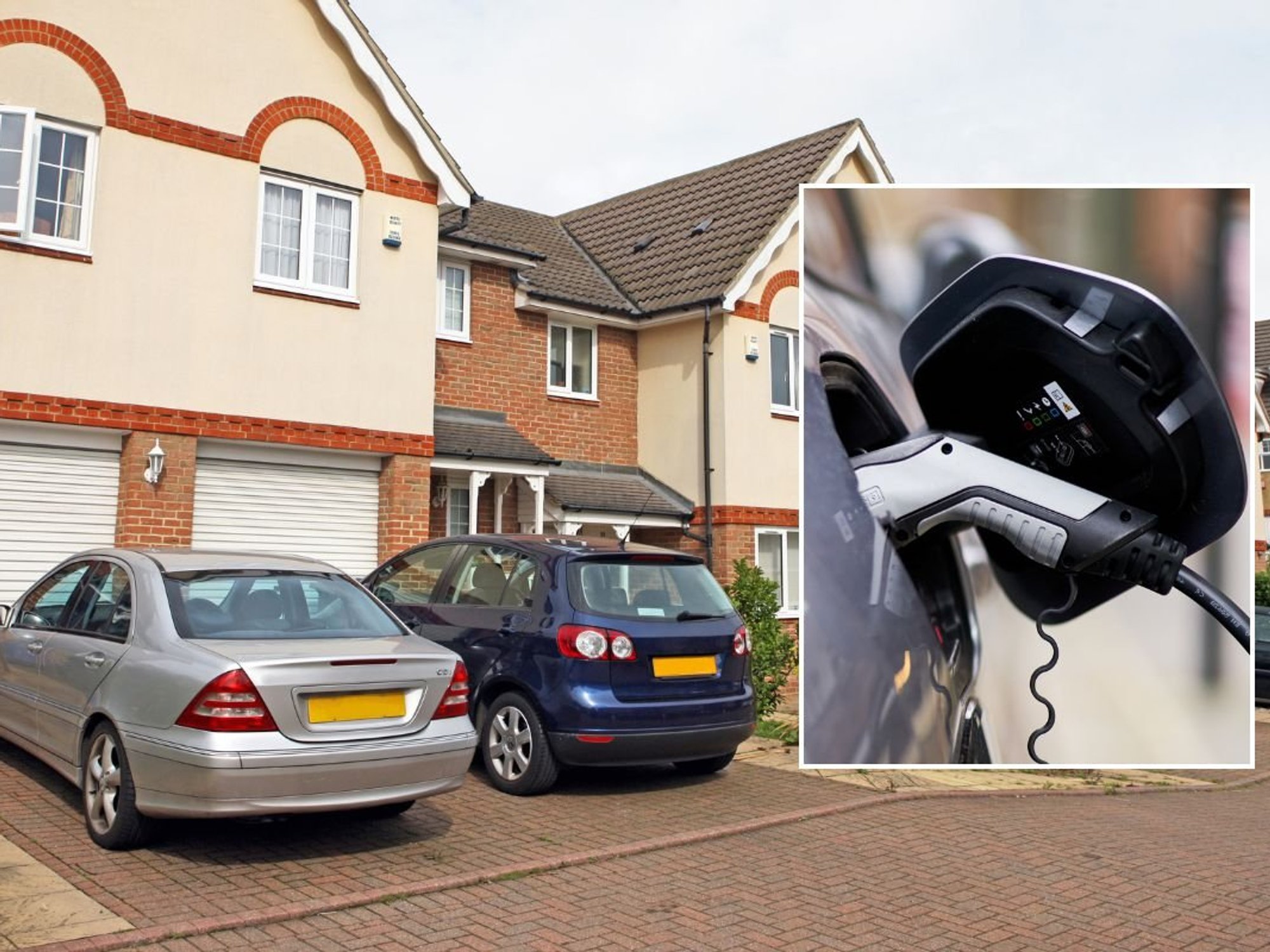 Cars parked at home and an electric car charger