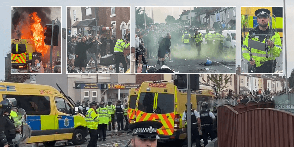Police van on fire and officers 'suffer injuries' in clashes outside mosque in Southport as protesters chant 'no surrender' and 'English till I die'