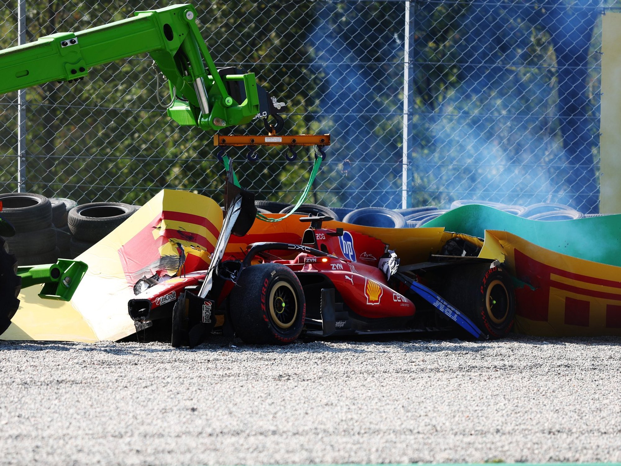 Charles Leclerc’s Italian Grand Prix ended in terrifying fashion after the Ferrari driver crashed into a tyre barrier at approximately 160mph during a disastrous start to his team’s home race