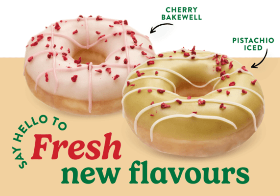 Cherry Bakewell and Pistachio Iced Krispy Kreme doughnuts