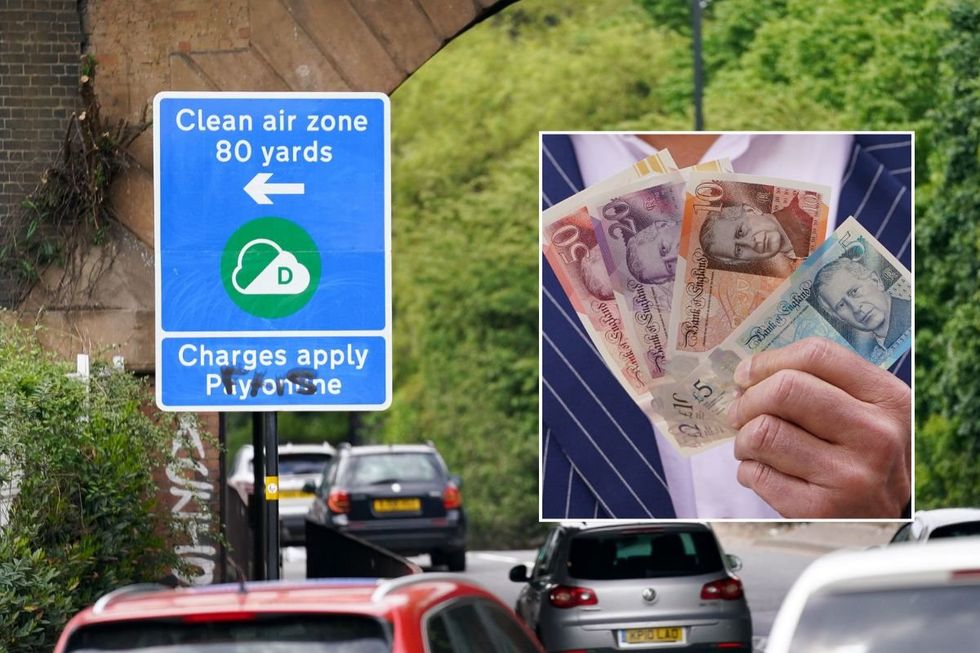 Clean Air Zone sign and a man holding UK cash