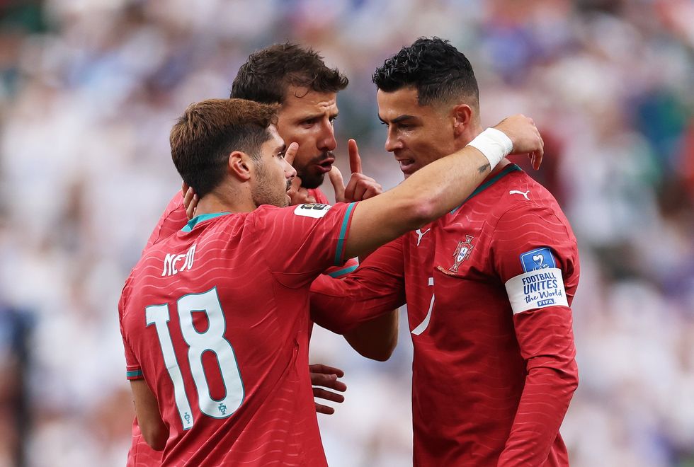 Cristiano Ronaldo was mobbed by Portugal players after finding the net against Uzbekistan