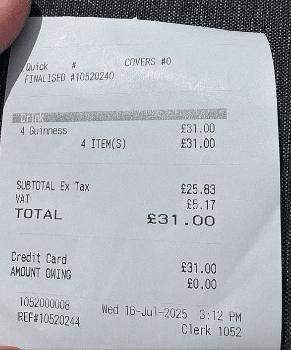 Customers receipt