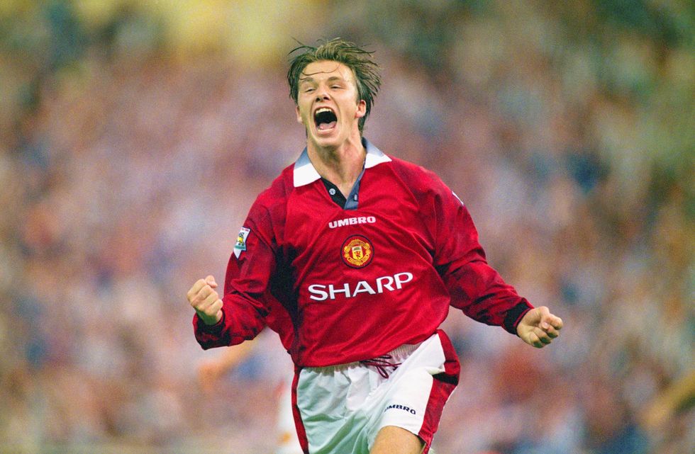 David Beckham of Manchester United celebrates after scoring the third goal in the 1996 FA Charity Shield between Manchester United and Newcastle United at Wembley Stadium