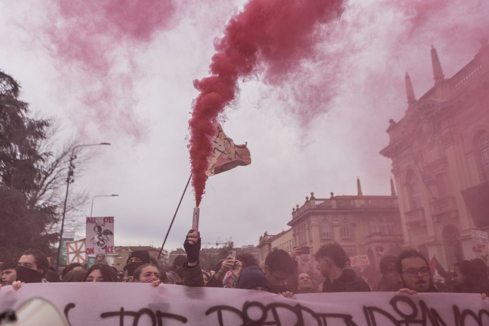 Demonstrators gathered in Milan's Piazza Leonardo da Vinci