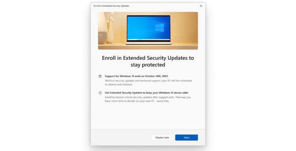 dialogue box on windows 10 to enrol in ESU