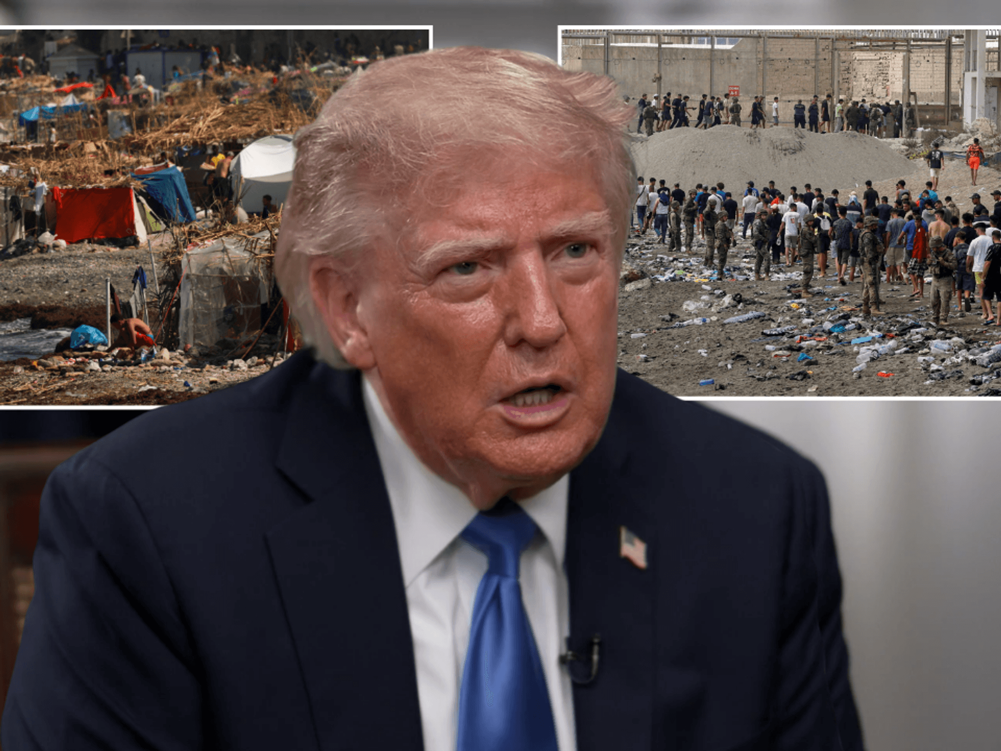Donald Trump flanked by Ceuta migrant crisis images